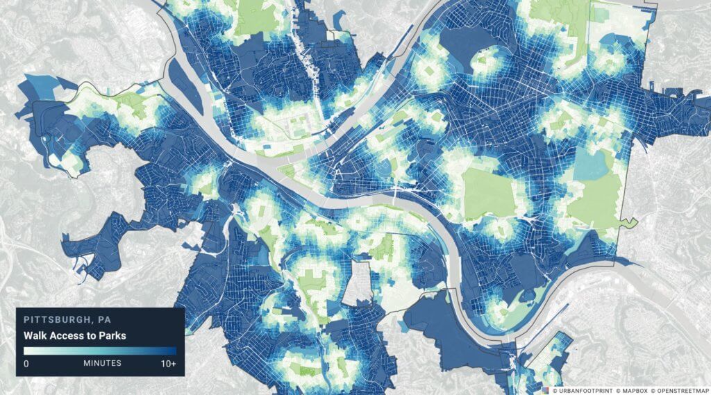 Walk access to parks map for Pittsburgh, PA. Darker shades of blue represent parcels with a longer walking distance to the nearest park.