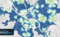 Walk access to parks map for Pittsburgh, PA. Darker shades of blue represent parcels with a longer walking distance to the nearest park.