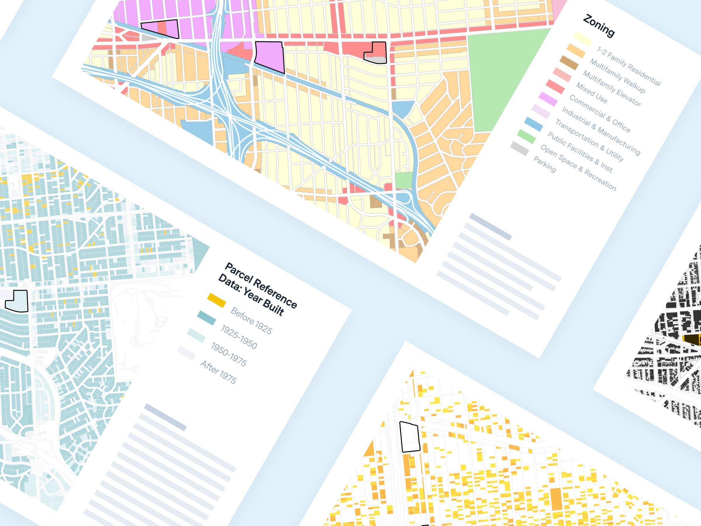 Example maps of land use, zoning, building date