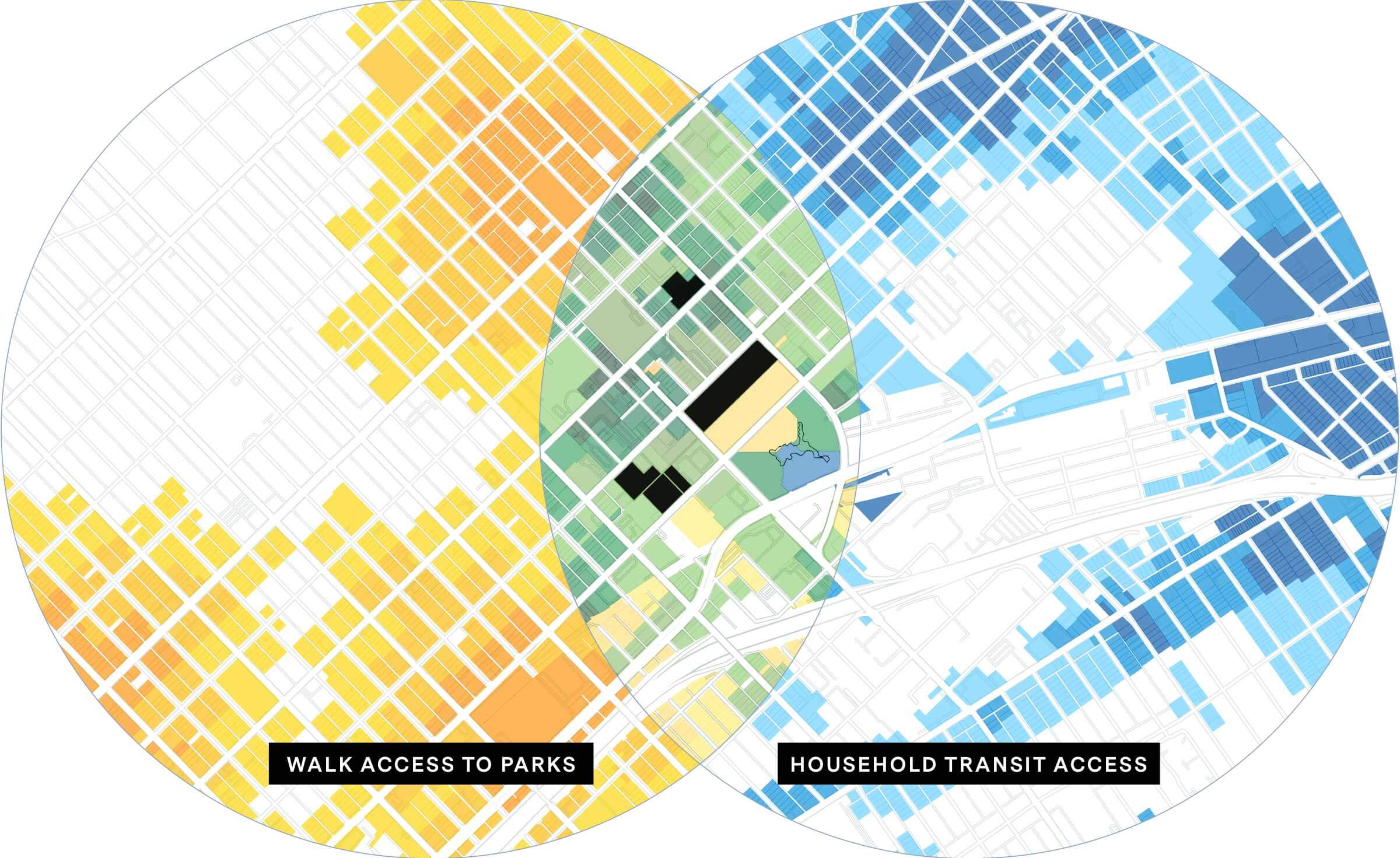Overlapping maps showing walk access and transit access