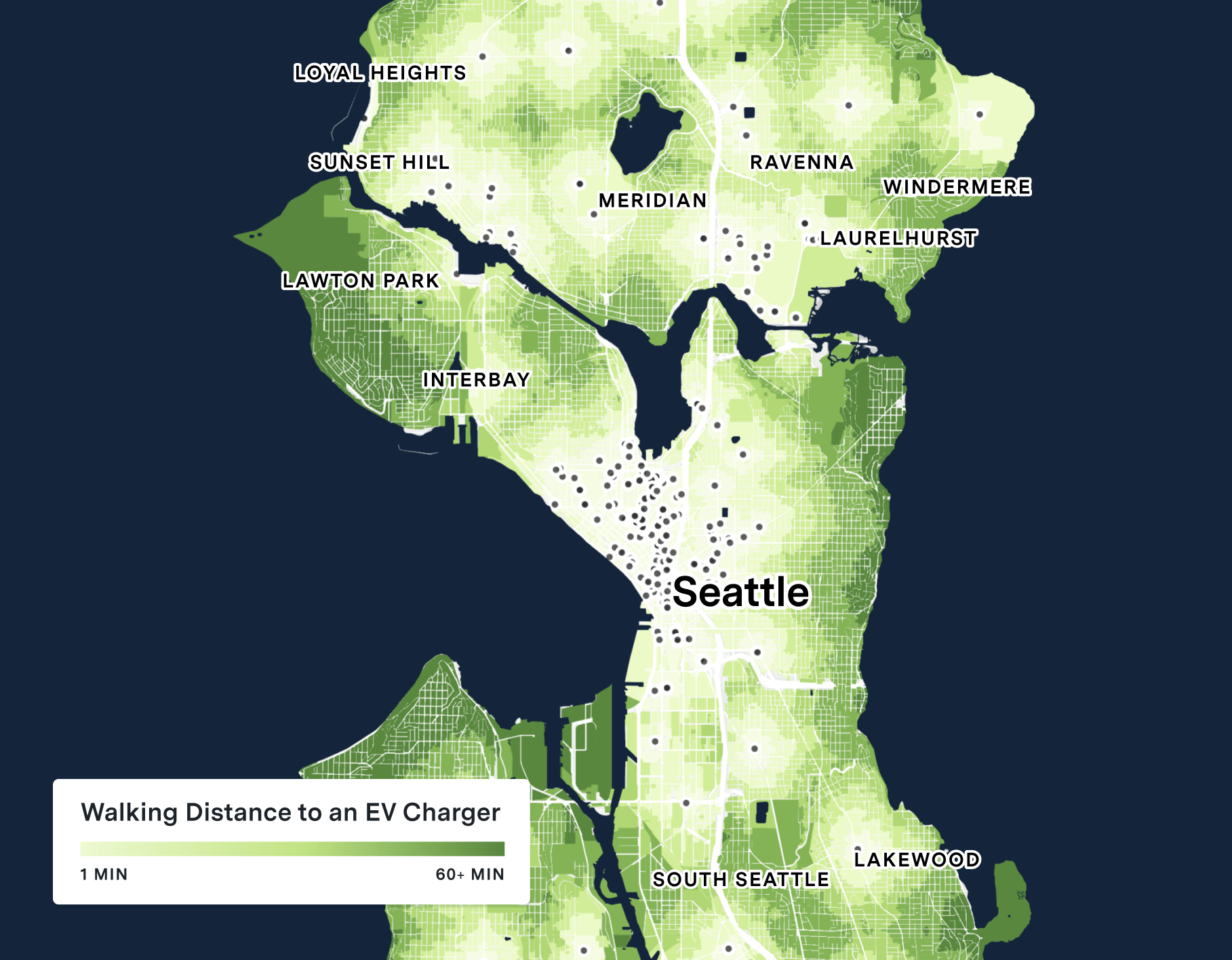 Map of Seattle showing walking distance to EV chargers