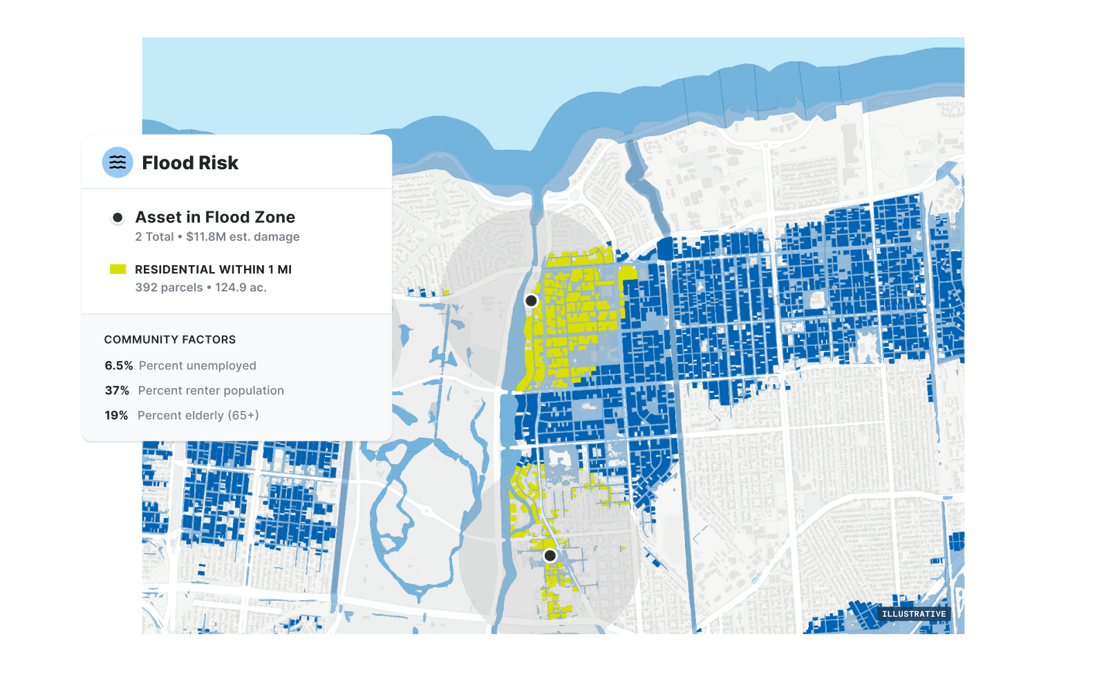 Map showing residential areas along the coast in a flood risk zone