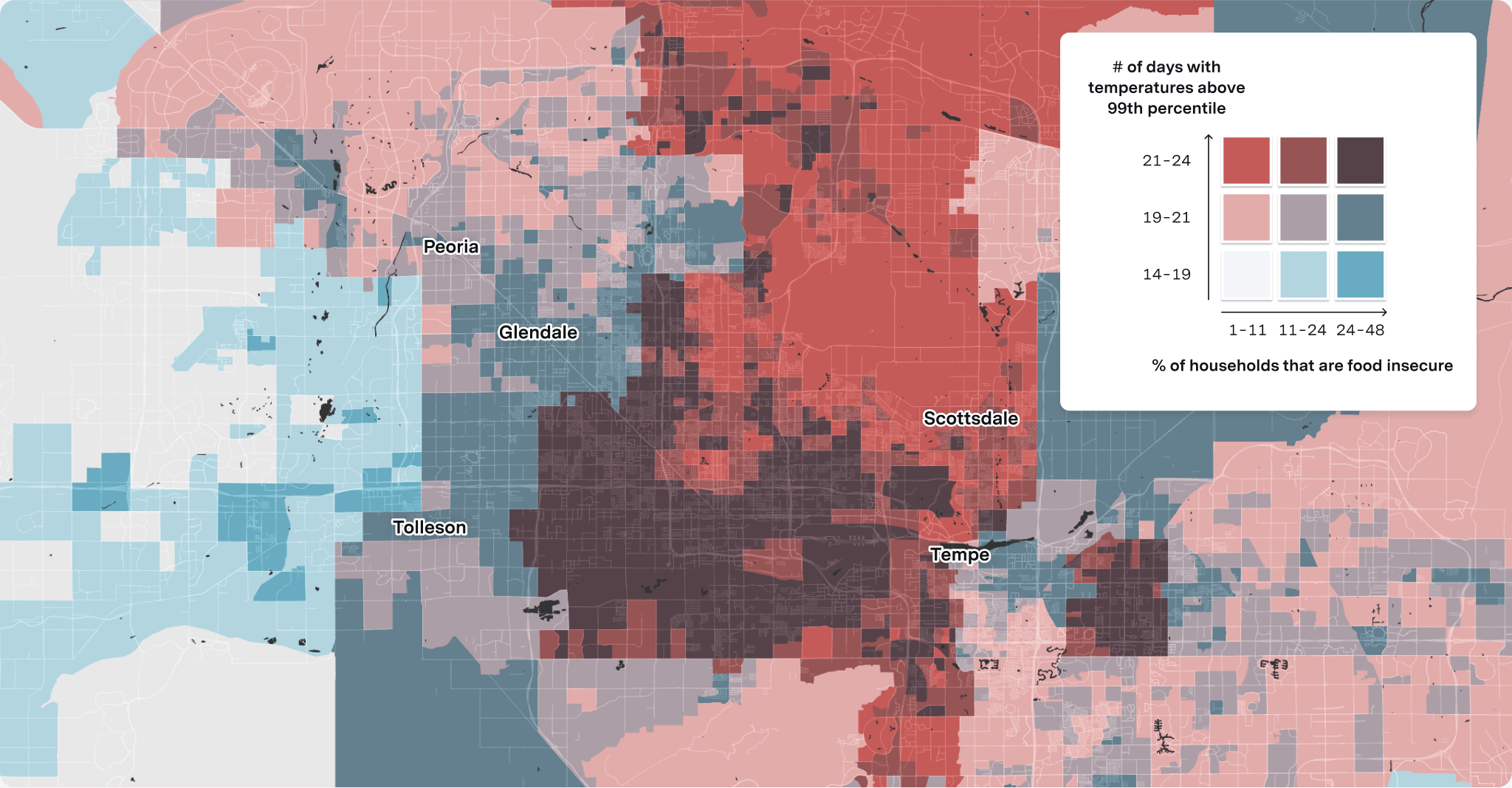 Map of food insecurity intersected with extreme heat in the Pheonix, AZ area.