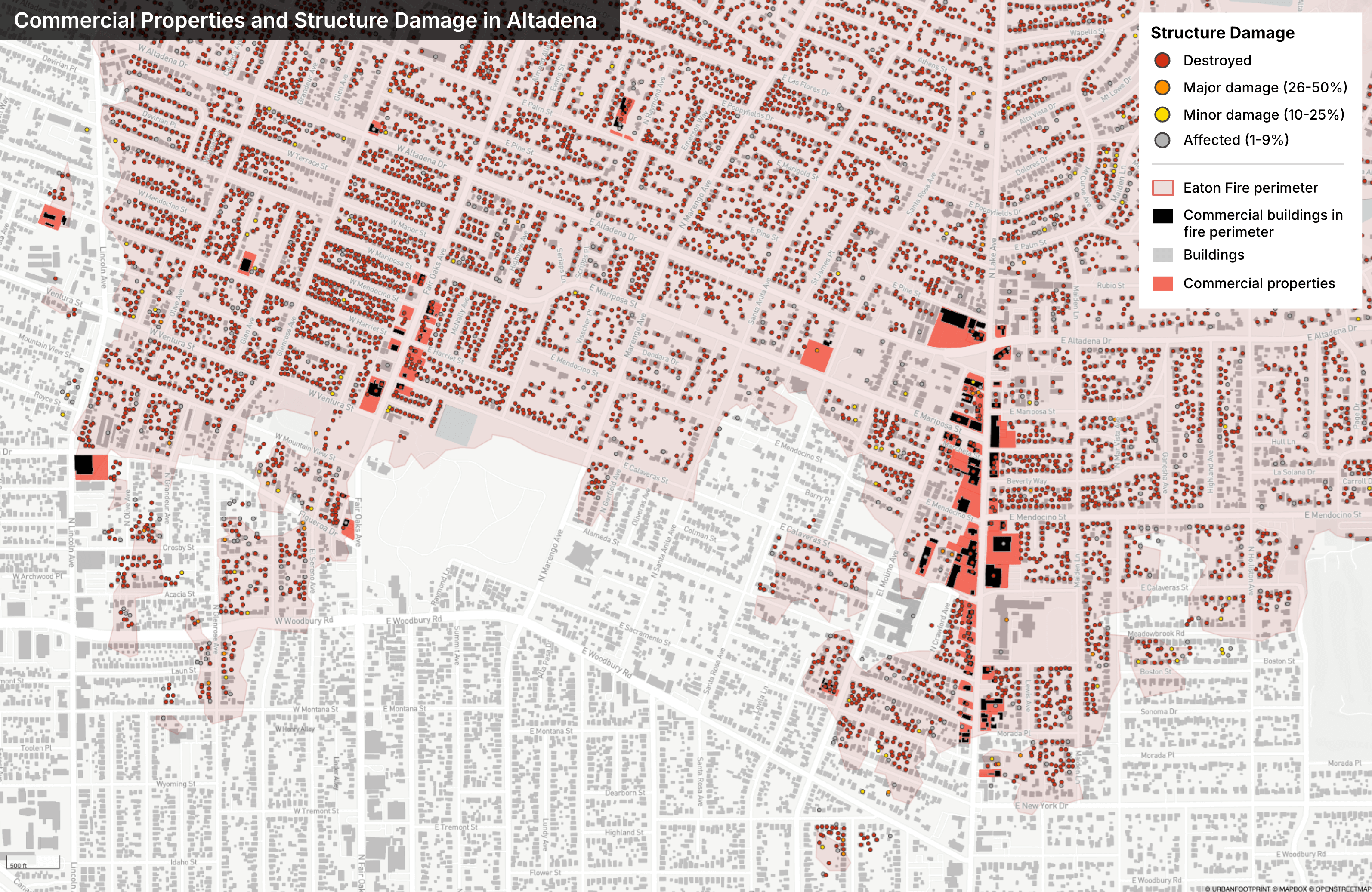 Map of commercial properties and structure damage in Altadena