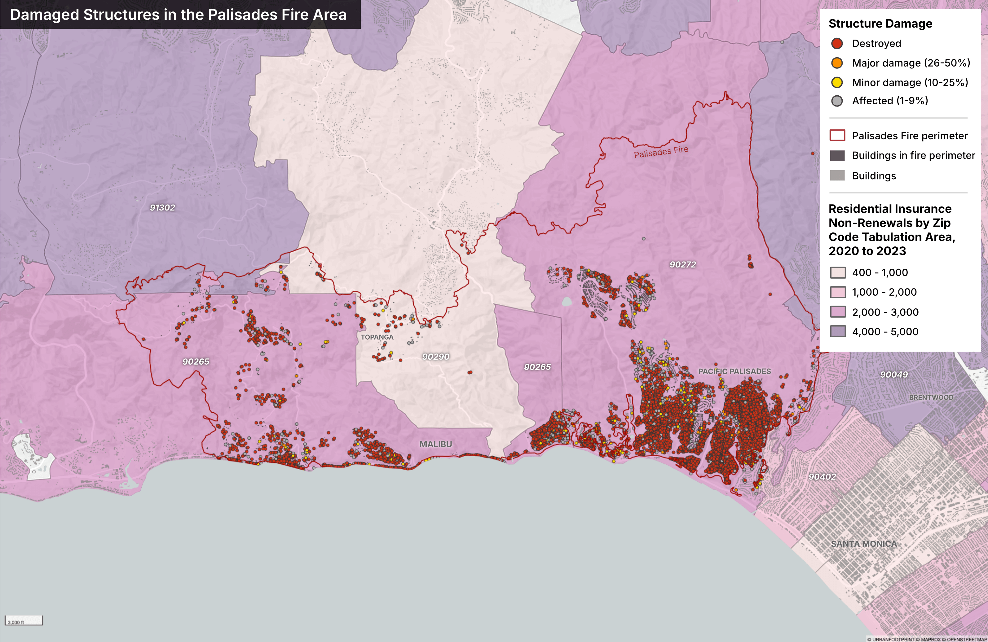 Map of damaged structures and insurance non-renewals in the Palisades Fire area