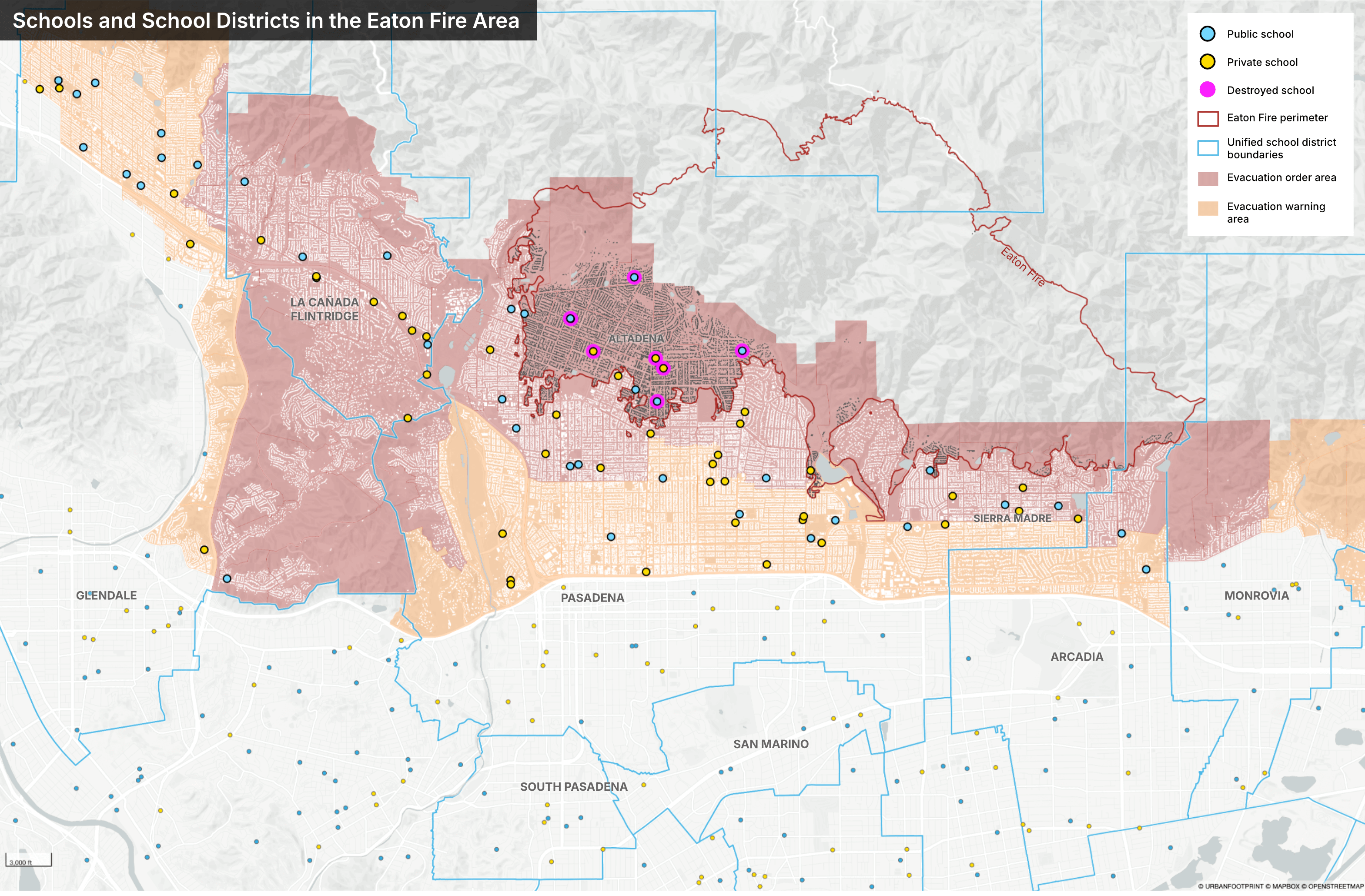 Map of schools and school districts in the Eaton Fire area