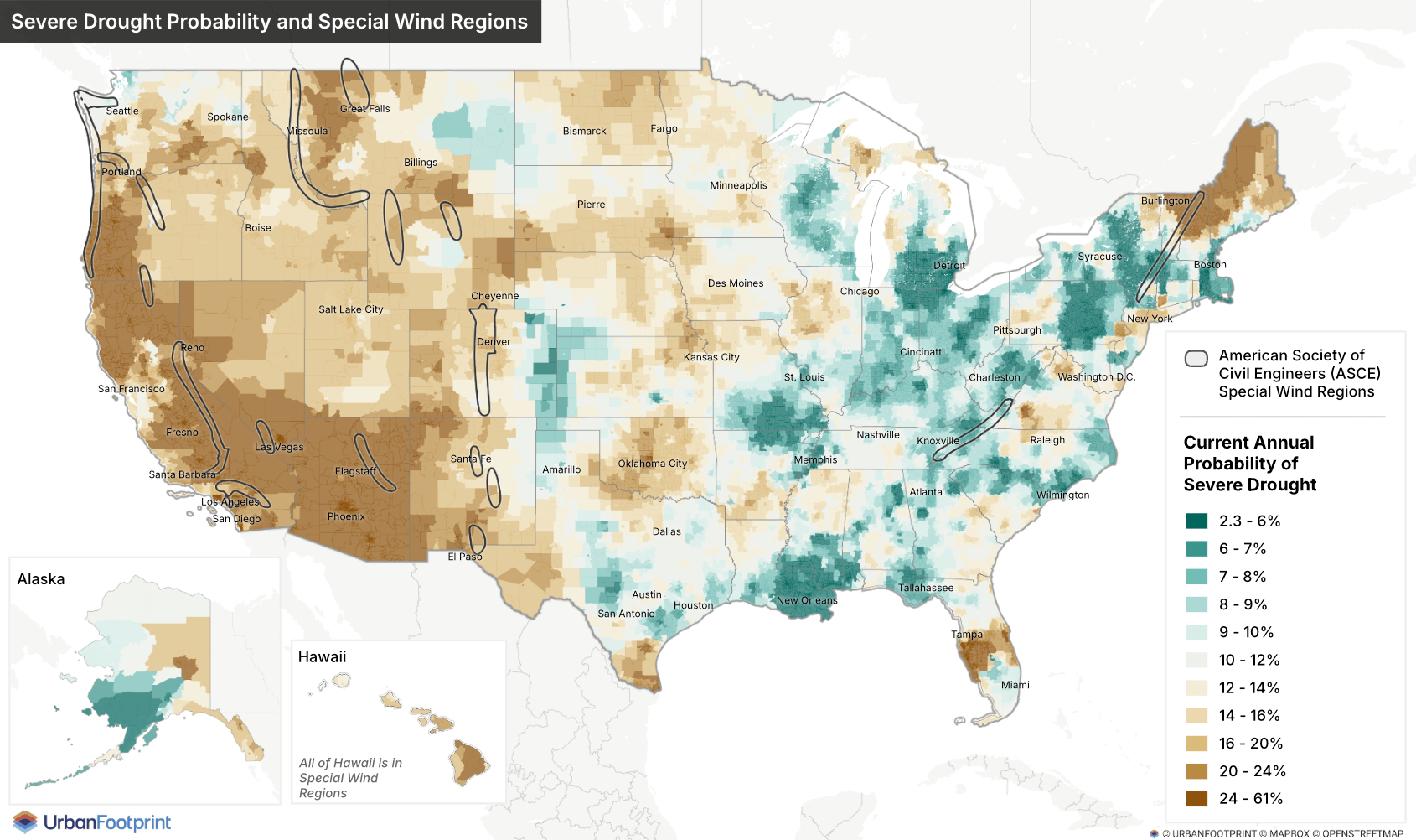 Map of Severe Drought Probability and Special Wind Regions in the US