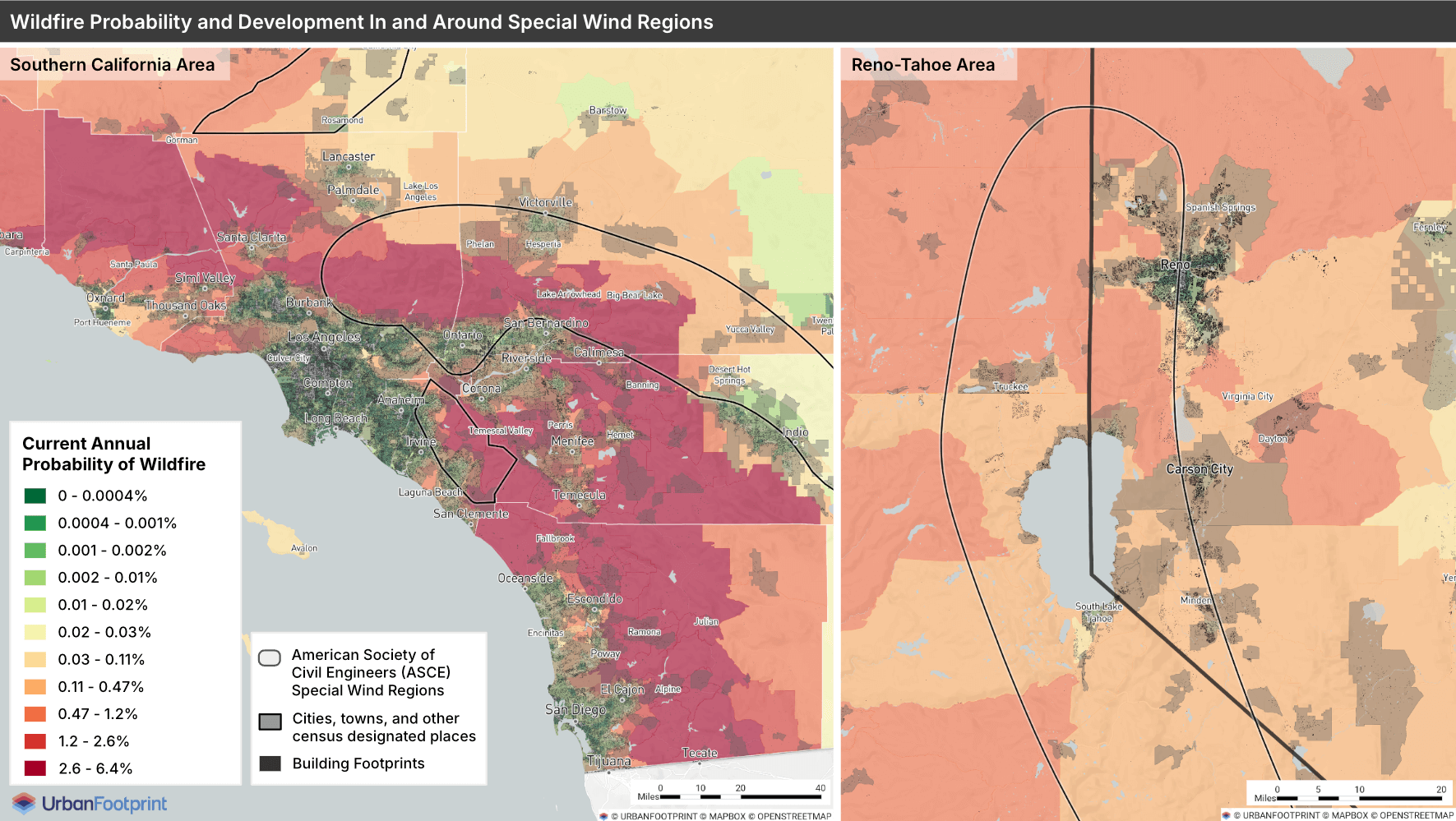 Map of Wildfire Probability, Wind Regions, and Urban Development in the LA and Reno-Tahoe Areas